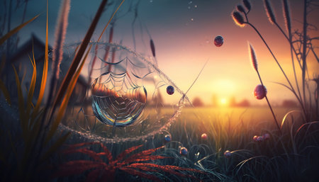 The tall grass is full of cobwebs with dew drops and the sky has beautiful colors. Generative AIの素材