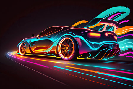 Futuristic Sports Car On Neon Highway. Powerful acceleration of a supercar on a night track with colorful lights and trails. Generative AIの素材