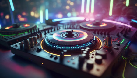 DJ Spinning, Mixing, and Scratching in a Night Club. Generative AIの素材