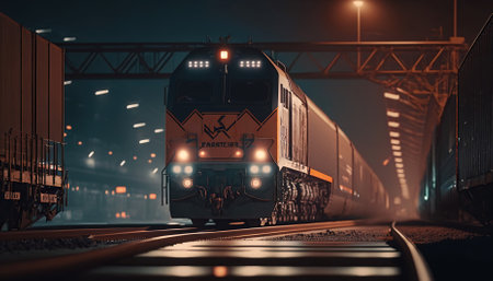 Large cargo train with goods leaving the terminal at night. Generative AIの素材