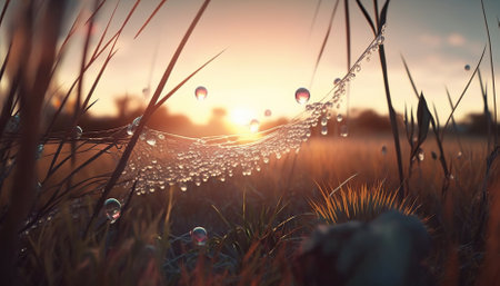The tall grass is full of cobwebs with dew drops and the sky has beautiful colors and clouds. Generative AIの素材