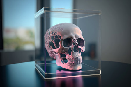 Skull model on a 3d printer in a glass box. Generative AIの素材