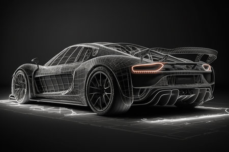Wireframe of sports car in dark environment. Generative AIの素材