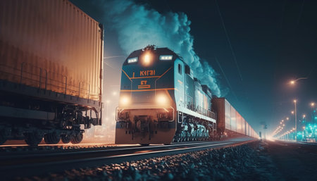 Large cargo train with goods leaving the terminal at night. Generative AIの素材