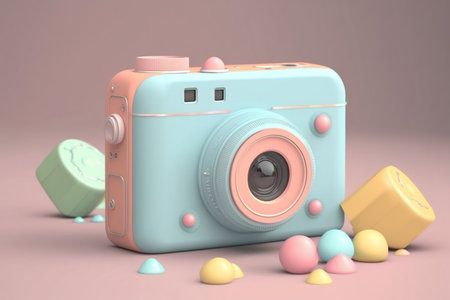 pastel camera surrounded by colorful balls on a pink background, 3D render, Colorful background. Generative AIの素材