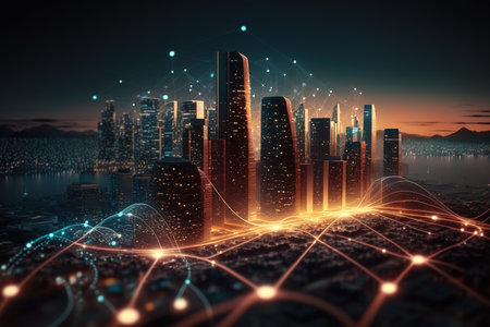 Smart city and abstract dot point connect with gradient line and aesthetic Intricate wave line design. Generative AIの素材