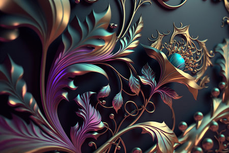 Abstract Flowers, gold and iridescent color combination. Generative AIの素材