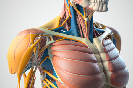 Human anatomy detail of shoulder. Muscle, bone structure, arteries. Generative AIの素材