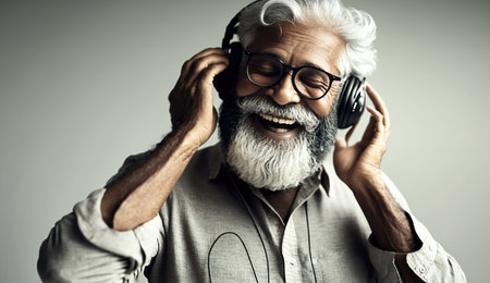 Happy senior Indian asian bearded man smiling using headphones with smartphone or tablet against white background, presenting screen or dancing, Generative Aiの素材
