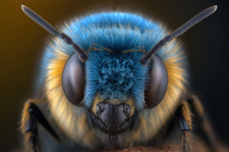 blue jewel bee, Closeup of face fluffy head of bee. Generative AIの素材