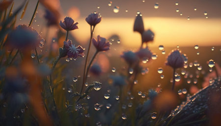 Beautiful wildflowers with dew drops at dawn. Generative AIの素材