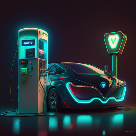 EV car with glowing car lamp light and EV charger station, Generative Aiの素材
