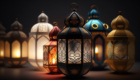 Traditional Arabic lanterns lit up for celebrating the Holy Month of Ramadan, Generative Aiの素材