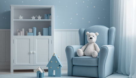 Small light blue armchair for kid standing in white room interior with stars on the wall, white rug and cupboard with books, teddy bear and fresh plant, Generative Aiの素材