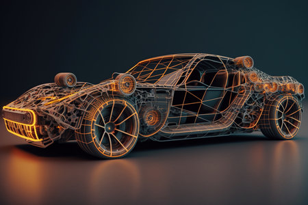 Wireframe of sports car in dark environment. Generative AIの素材