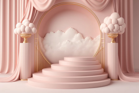 Natural beauty podium backdrop for product display with dreamy cloud. Generative AIの素材