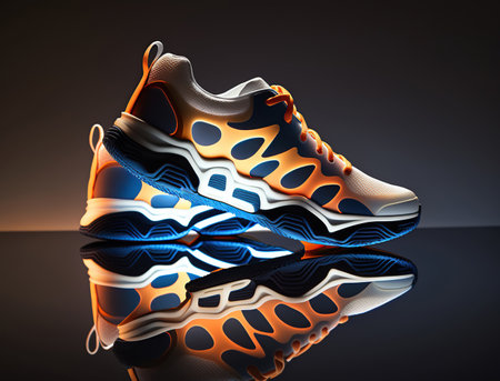 Futuristic tennis shoe concept, orange and blue, liquid form, Generative Aiの素材