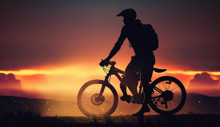 Silhouette men ride bicycle at sunset, Generative Aiの素材