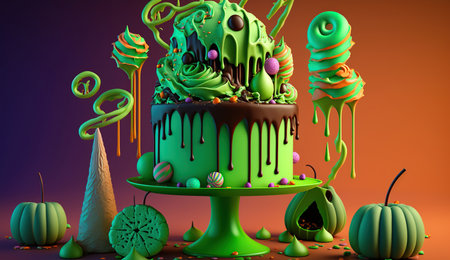 Halloween candyland fantasy novelty drip cake and party table against chroma key green background, Generative Aiの素材
