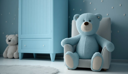 Small light blue armchair for kid standing in white room interior with stars on the wall, white rug and cupboard with books, teddy bear and fresh plant, Generative Aiの素材