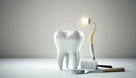 White healthy tooth, different tools for dental care with white baground, Generative Aiの素材
