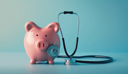 Piggy bank with stethoscope and heart isolated on light blue background with copy space. Health care financial checkup or saving for medical insurance costs concept, Generative Aiの素材