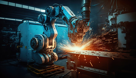 Industrial robotic welding and robot gripping working on smart factory, on machine blue tone color background, industry 4.0 and technologyの素材