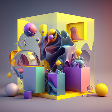 A beautiful, colorful abstract geometric 3D diorama render, volumetric lighting, volumetric fog, generative Aiの素材