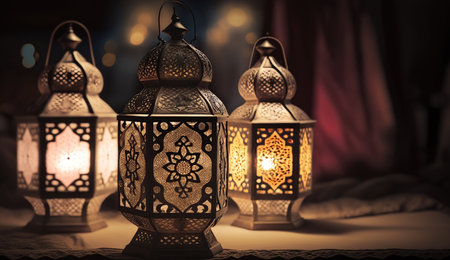 Traditional Arabic lanterns lit up for celebrating the Holy Month of Ramadan, Generative Aiの素材