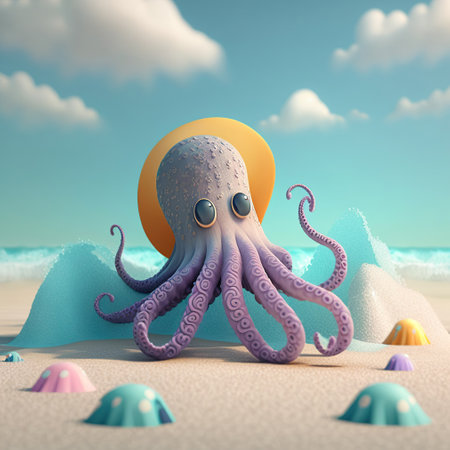 An octopus walking across the beach wearing shellfish, cartoon feature, generative Aiの素材