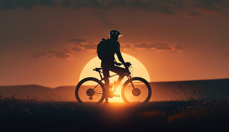 Silhouette men ride bicycle at sunset, Generative Aiの素材