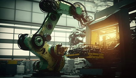 Industrial welding robots in production line manufacturer factoryの素材