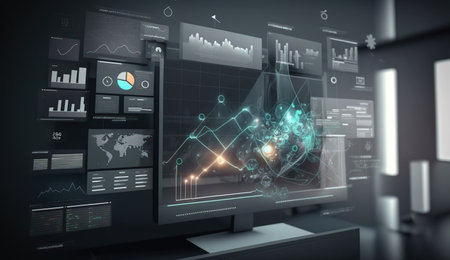 Double exposure of virtual creative financial diagram on contemporary business center exterior background, banking and accounting concept, Ai Generatedの素材