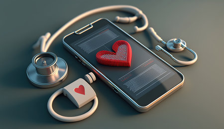 Doctor online concept. Phone screen with red heart using stethoscope checks health. Online medical clinic communication with patient. Minimal health concept. 3d illustration isometric, Generative Aiの素材