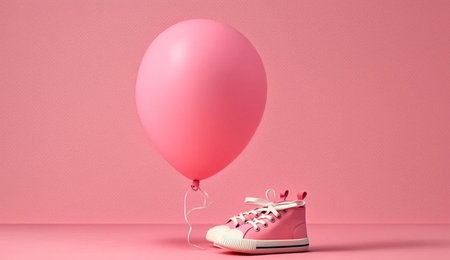 Pink baby shoes with balloon on pink background with space for tex. minimal hollyday concept, Generative Aiの素材
