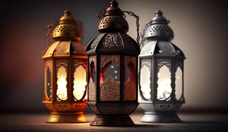 Candle light lids on muslim style's lantern shining on the dark, use as greeting on ramadan kareem mubarak, Generative Aiの素材