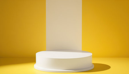 White podium shelf or empty pedestal display on vivid yellow summer background with minimal style. Blank stand for showing product. 3D rendering, Generative Aiの素材