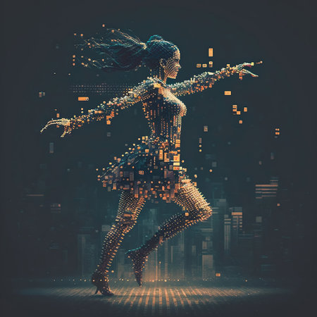 A contemporary balletdancer in a steampunkish abstract dot matrix cityscape, Generative Aiの素材