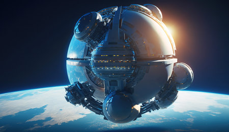 Spaceship and Earth on the background. Solar system, Generative Aiの素材