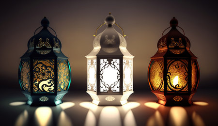 Traditional Arabic lanterns lit up for celebrating the Holy Month of Ramadan, Generative Aiの素材