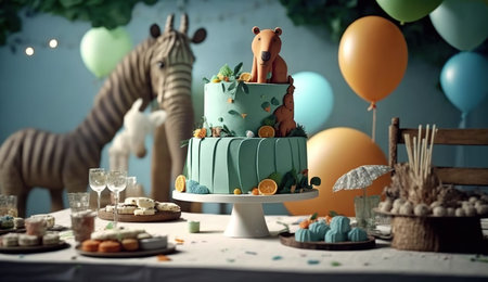 Cake for kids birthday celebration. Jungle animals theme children party. Decorated room for boy or girl kid birthday. Generative Aiの素材