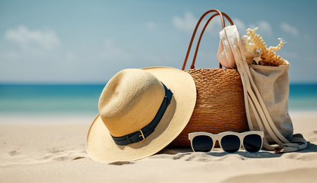 Straw hat, bag, sun glasses and flip flops on a tropical beach, Generative Aiの素材