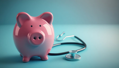 Piggy bank with stethoscope and heart isolated on light blue background with copy space. Health care financial checkup or saving for medical insurance costs concept, Generative Aiの素材