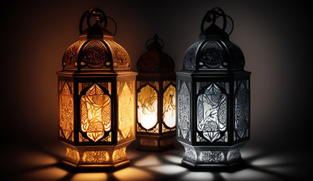 Traditional Arabic lanterns lit up for celebrating the Holy Month of Ramadan, Generative Aiの素材