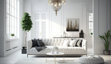 White living room with sofa. Scandinavian interior design. 3D illustration, Generative Aiの素材