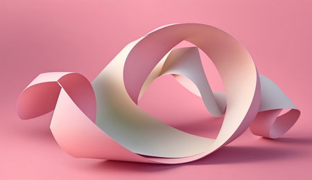 Mobius strip made from paper soaring in the air on pink background. Trendy surreal airy image. Abstract year color concept composition, Generative Aiの素材