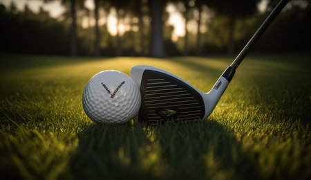Blurred golf club and golf ball close up in grass field with sunset, Generative Aiの素材
