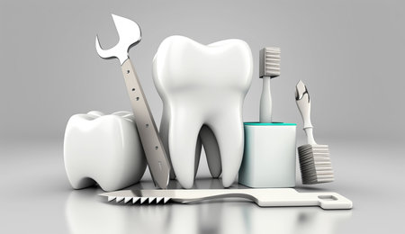 White healthy tooth, different tools for dental care with white baground, Generative Aiの素材