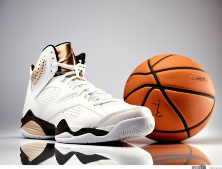 Sport Shoes And A Basketball On white baground, commericial photo, Generative Aiの素材