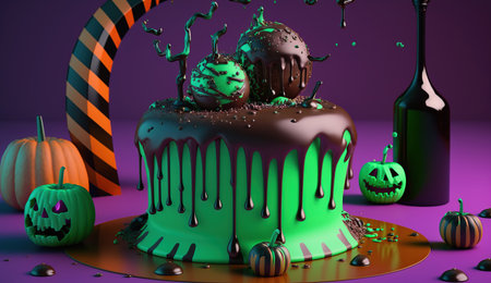 On trend Halloween candyland fantasy novelty drip cake and party table against chroma key green background, Generative Aiの素材